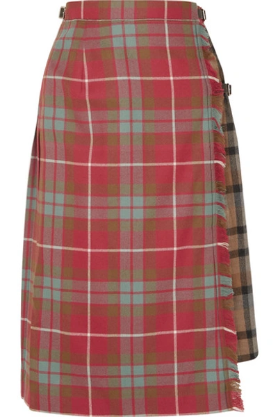 Shop Andersson Bell Buckled Asymmetric Paneled Pleated Checked Wool Skirt In Red