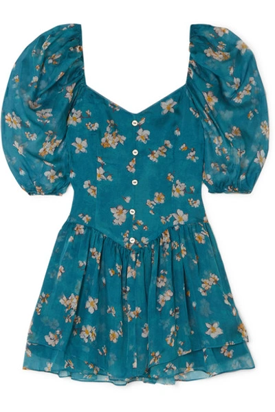 Shop Caroline Constas Quinn Floral-print Silk-chiffon Mini Dress In Teal