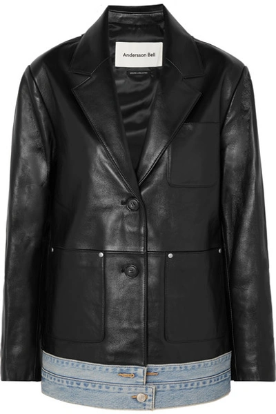 Shop Andersson Bell Denim-trimmed Leather Blazer In Black