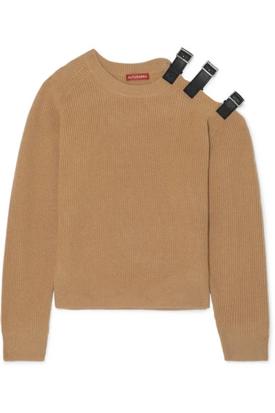 Shop Altuzarra Cutout Leather-trimmed Wool And Cashmere-blend Sweater In Camel