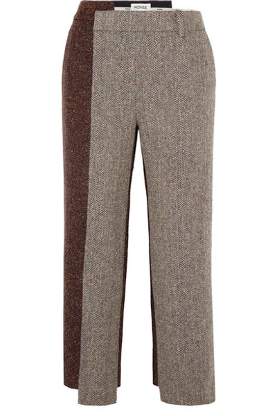 Shop Monse Cropped Paneled Herringbone Wool-blend Straight-leg Pants In Camel