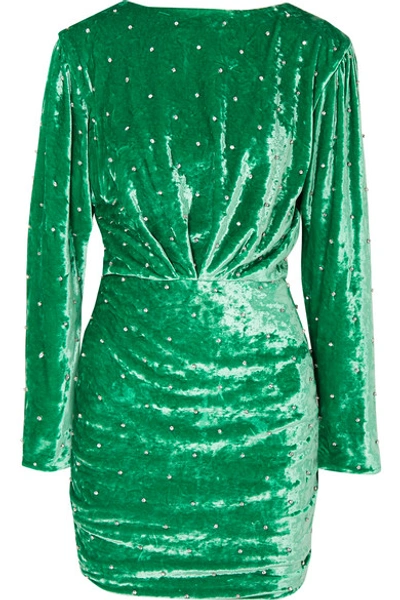 Shop Attico Crystal-embellished Ruched Stretch-velvet Mini Dress In Green