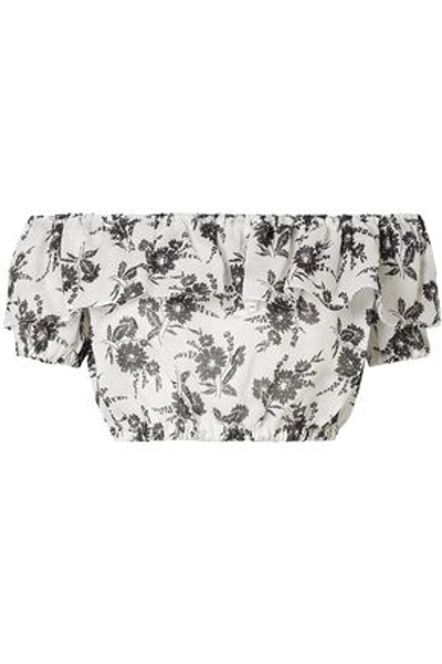 Shop Miu Miu Cropped Off-the-shoulder Ruffled Floral-print Ramie Top In Ivory