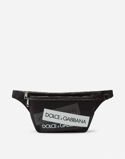 Shop Dolce & Gabbana Nylon Belt Bag With Tape Logo Print In Black