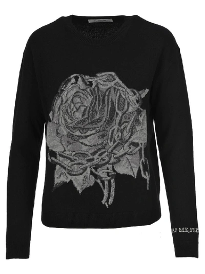 Shop Valentino Rose Intarsia Sweater In Black