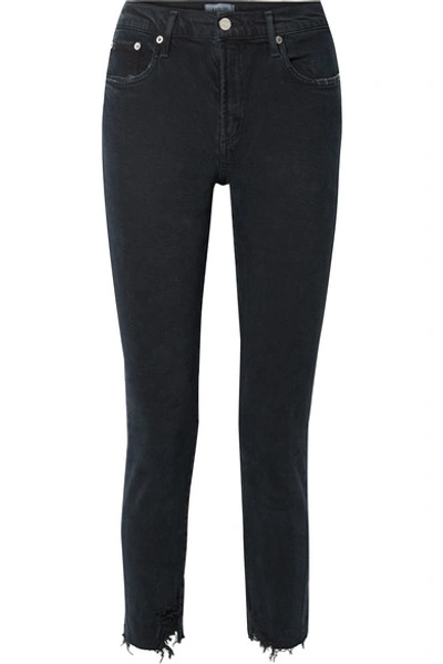 Shop Agolde Toni Distressed Mid-rise Straight-leg Jeans In Black