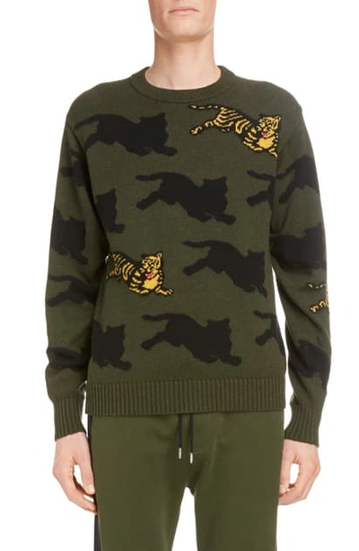 Shop Kenzo Allover Intarsia Tiger Sweater In Dark Khaki