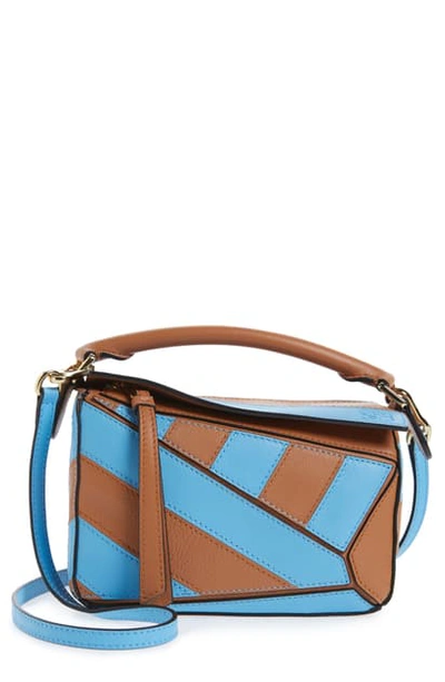 Shop Loewe Mini Puzzle Rugby Stripe Leather Bag In Tan/ Sky Blue