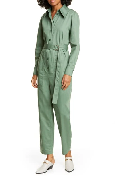 Shop Tibi Long Sleeve Cotton Twill Jumpsuit In Dark Celadon