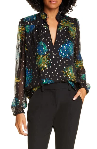 Shop A.l.c Beatrix Floral Metallic Dot Silk Blouse In Black/ Green/ Yellow