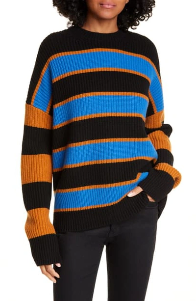 Shop A.l.c Roman Stripe Rib Wool Blend Sweater In Cobalt/ Caramel/ Black