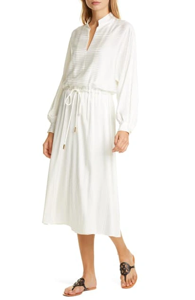 Shop Tory Burch Tonal Stripe Long Sleeve Stretch Silk Dress In New Ivory