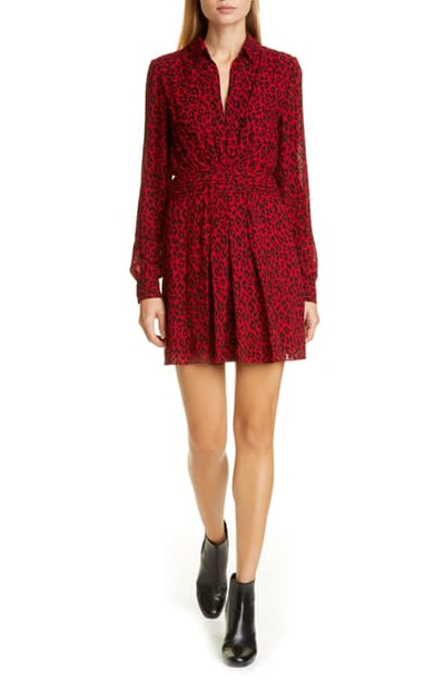 Shop Saint Laurent Leopard Print Long Sleeve Minidress In Rouge Fonce Noir