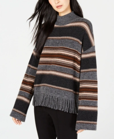 Shop Weekend Max Mara Amico Striped Fringe-trim Sweater In Dark Grey
