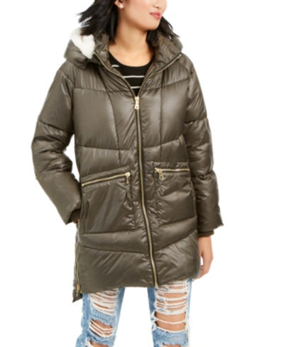 Shop Kendall + Kylie Hooded Faux-fur-trim Puffer Coat In Olive