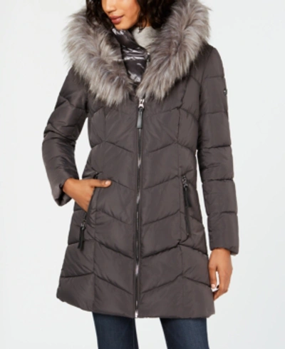 Shop Calvin Klein Hooded Faux-fur-trim Puffer Coat In Titanium