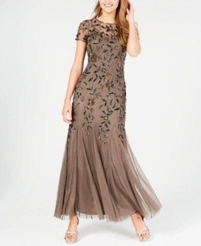 Shop Adrianna Papell Petite Floral-beaded Gown In Lead