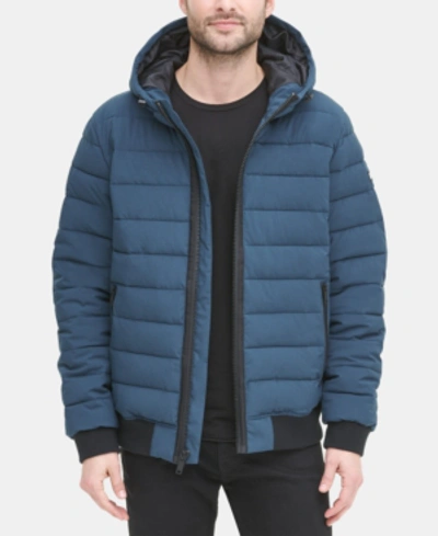 Shop Dkny Men's Quilted Hooded Bomber Jacket In Blue Steel