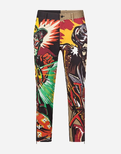 Shop Dolce & Gabbana Stretch Cotton Cargo Pants With Superhero King Print In Multi-colored