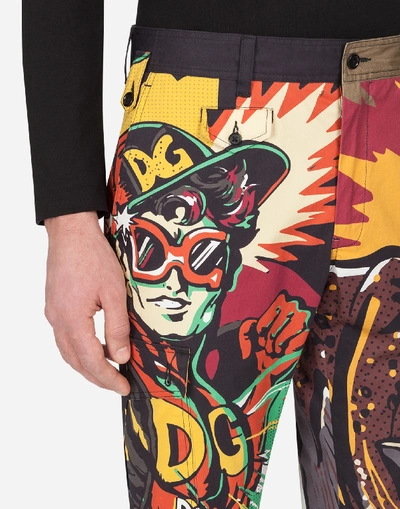 Shop Dolce & Gabbana Stretch Cotton Cargo Pants With Superhero King Print In Multi-colored