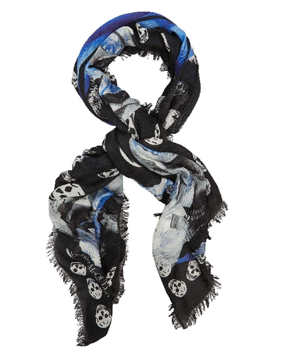 Shop Alexander Mcqueen Square Rose & Skull Printed Scarf In Blue-med