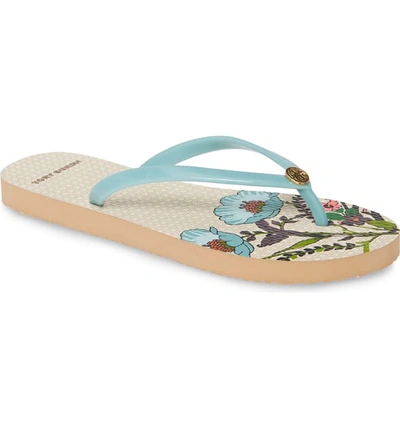 Shop Tory Burch Thin Flip Flop In Onda Blue / Ivory Flowers