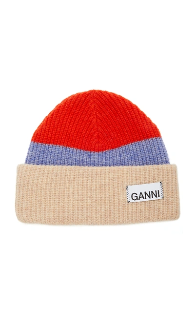 Shop Ganni Striped Wool-blend Beanie In Red