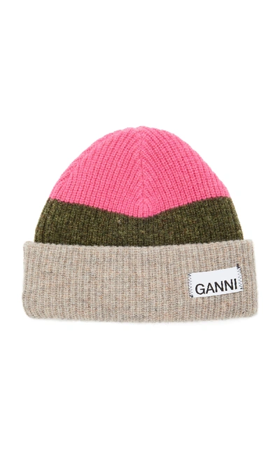 Shop Ganni Striped Wool-blend Beanie In Pink