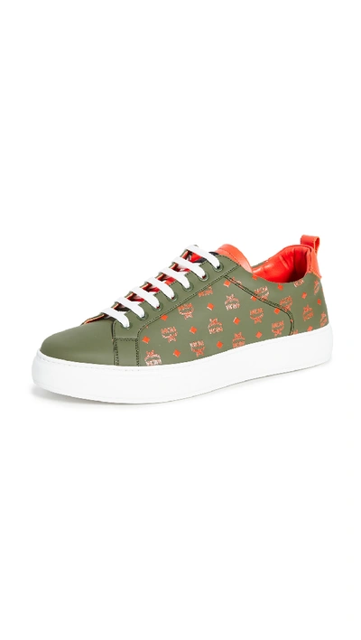 Shop Mcm Lace Up Visetos Sneakers In Winter Moss