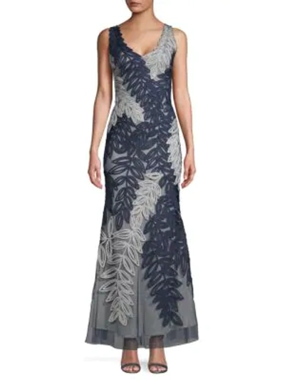 Shop Js Collections Embroidered V-neck Gown In Cloud Navy