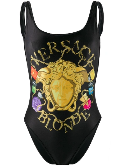 Shop Versace Graphic Print Swimsuit In Black