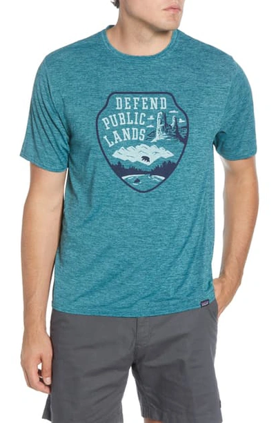 Shop Patagonia Capilene Cool Daily Graphic T-shirt In Defend Public Lands Piki Green
