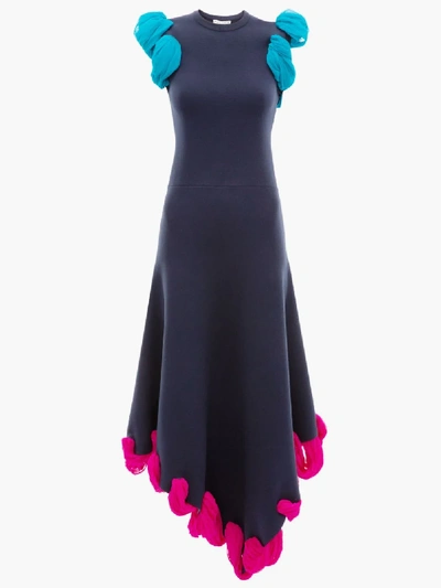 Shop Jw Anderson Asymmetric Dress With Georgette Drapes In Blue