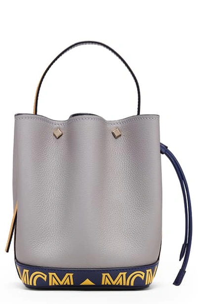 Shop Mcm Mini Milano Logo Leather Bucket Bag - Grey In Arch Grey