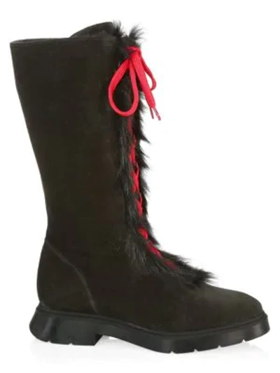Shop Stuart Weitzman Gwendy Shearling-lined Suede Lace-up Knee-high Boots In Black