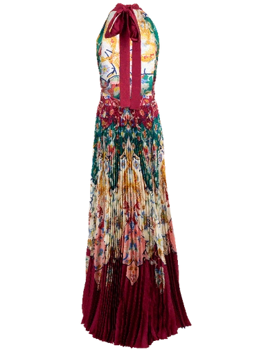 Shop Oscar De La Renta Halter-neck Paisley Print Pleated Gown In Claret