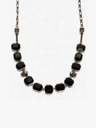 Shop Alexander Mcqueen Skull And Stone Necklace In Silver/jet Black