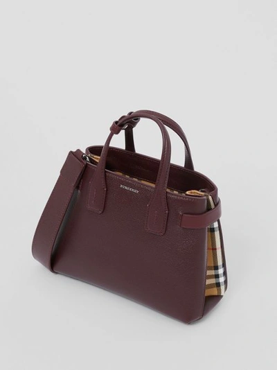 Shop Burberry The Small Banner Bag In Leather And Vintage Check In Mahogany Red