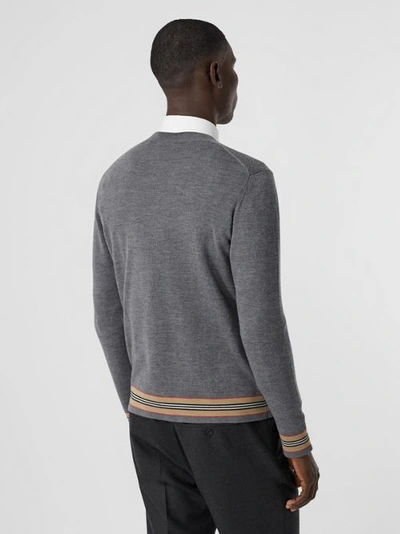 Shop Burberry Icon Stripe Detail Merino Wool Sweater In Dark Grey Melange