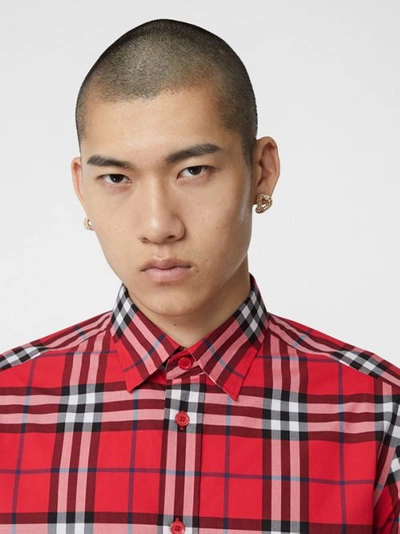 Shop Burberry Check Cotton Poplin Shirt In Bright Red