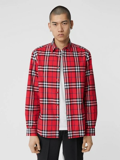 Shop Burberry Check Cotton Poplin Shirt In Bright Red