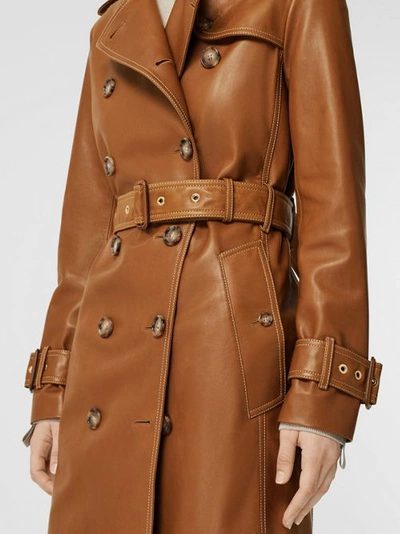 Shop Burberry Topstitch Detail Lambskin Trench Coat In Maple