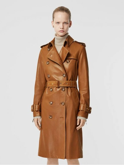 Shop Burberry Topstitch Detail Lambskin Trench Coat In Maple