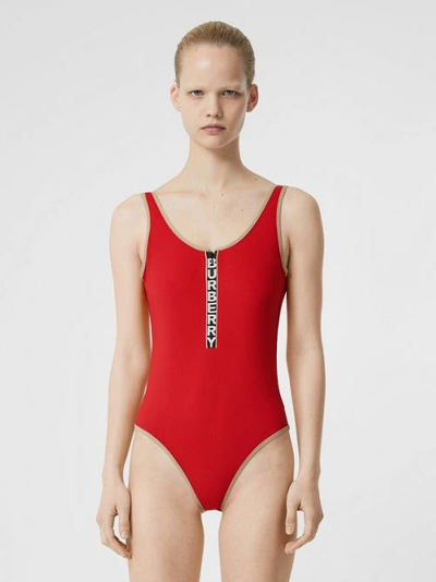 Shop Burberry Logo Detail Zip-front Swimsuit In Bright Red
