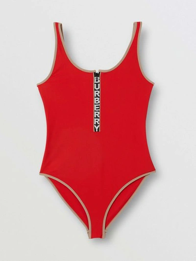 Shop Burberry Logo Detail Zip-front Swimsuit In Bright Red