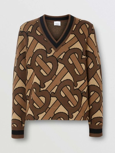 Shop Burberry Monogram Intarsia Wool V-neck Sweater In Bridle Brown