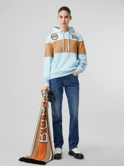 Shop Burberry Logo Graphic Panelled Cotton Oversized Hoodie In Pale Blue