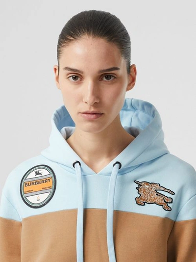 Shop Burberry Logo Graphic Panelled Cotton Oversized Hoodie In Pale Blue