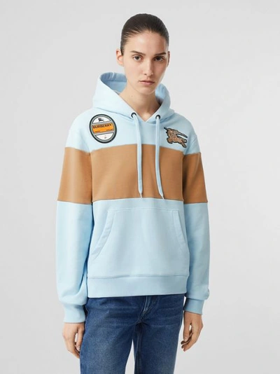 Shop Burberry Logo Graphic Panelled Cotton Oversized Hoodie In Pale Blue