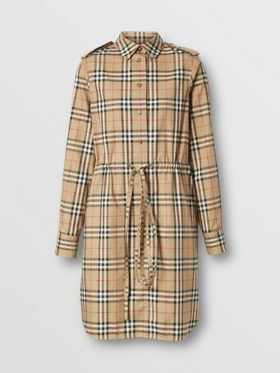 Shop Burberry Vintage Check Stretch Cotton Drawcord Shirt Dress In Archive Beige